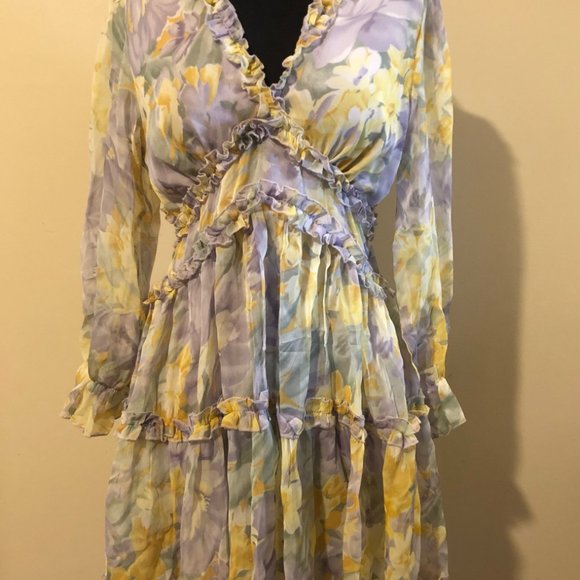 Floral Chiffon Long Sleeve Dress  (2) - Picture 2 of 11